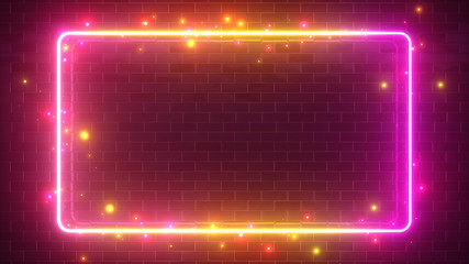 Rectangular neon sparkling luminous form on the background of a brick reflective surface. Modern ultraviolet fluorescent light spectrum. 3d illustration