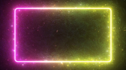 Obraz premium Rectangular neon shimmering luminous form on the background of a dirt forest surface. The spectrum of modern ultraviolet fluorescent light. 3d illustration