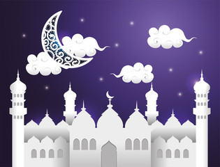 moon with clouds and castle to ramadan kareem