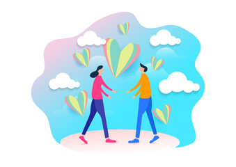 Romantic couple with heart flying. Background of love, valentine's day. Romantic concept