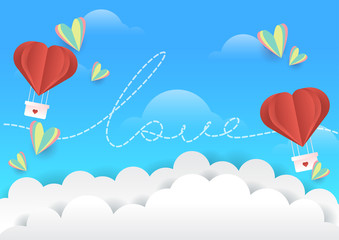 Illustration of love and valentine day on blue background. Balloon heart flying