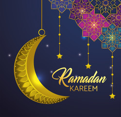 stars with moon hanging to ramadan kareem
