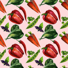 Hand drawn watercolor. Seamless pattern with colored healthy food