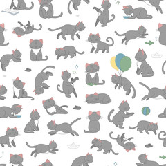 Vector seamless pattern of cute cartoon style cat in different poses. Animal character illustration for children. Hand drawn funny kitten. Repeat background with pets for kids, coloring, animation..