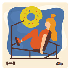 Vector illustration with girl and leg press machine. Funny scene in gym with young woman and donut. Keeping fit and enjoy. Keep calm and do exercise. Humorous motivational poster about losing weight.