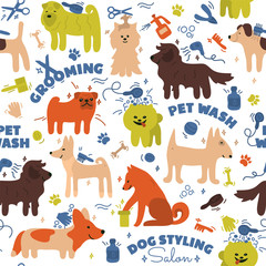 Pattern with different breeds of dogs. Pet care tools. Styling, washing, grooming salon. Hand draw doodle background. Vector illustration of cute home animals. Spitz, akita inu, pug, corgi, shiba inu.