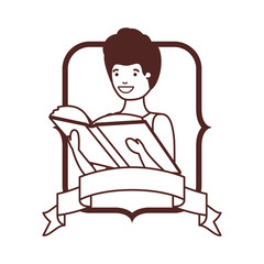 frame with student boy and reading book