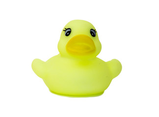Rubber bath duck isolated on white. A side view of a lemon rubber duck.