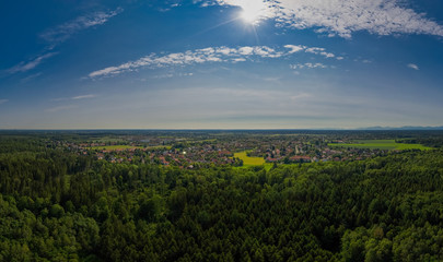 The flight over a forest at sunshine next to the bavarian Oberhaching.