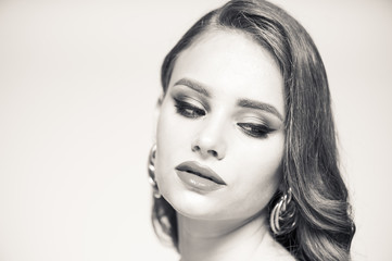 Fototapeta premium Beautiful Woman With Beauty Makeup On Face Red Lipstick On Lips And Glamourous Look