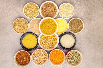 Healthy food vegetarian (vegan) concept. Assorted various organic cereals, legumes, whole grains.