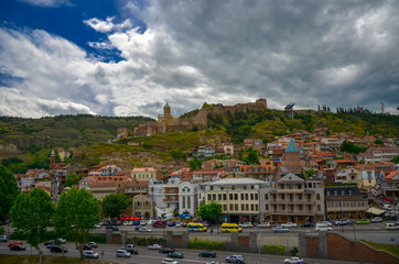 Fototapeta premium Abanotubani and Narikala Fortress in the ancient district of Tbilisi, Georgia