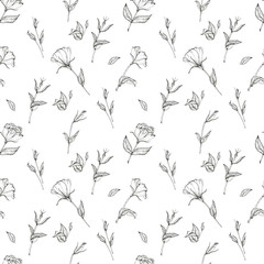 Seamless pattern with hand-drawn prairie gentian (lisianthus) flowers and leaves. Ink-drawn. Black and white design element. Isolated on white. Design template