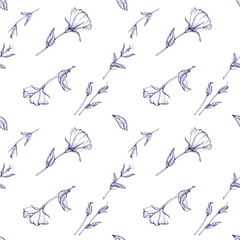 Seamless pattern with hand-drawn prairie gentian (lisianthus) flowers and leaves. Ink-drawn. Isolated on white. Design template