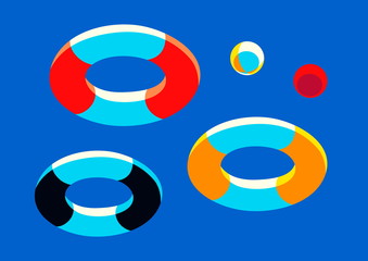 Inflatable ring lifebuoys and balls collection. Summer holiday bright vector illustration