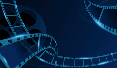 Film strips with cinema rell isolated on blue background. Old cinema banner with stripe roll. 3d flyer or poster festival. Movie time background template. Vector illustration - obrazy, fototapety, plakaty