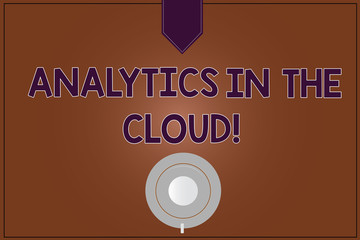 Conceptual hand writing showing Analytics In The Cloud. Business photo showcasing New modern online file storage systems analysis Coffee Cup Top View Reflection on Blank Color Snap Planner