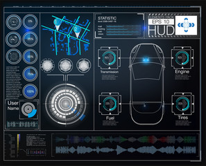 Obraz premium Car service in the style of HUD. Virtual graphical interface Ui HUD Autoscanning, analysis and diagnostics, Abstract vector science. Car auto service infographics. repair Futuristic user interface.