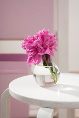 bouquet of red peonies in a vase stands on a white chair in the interior