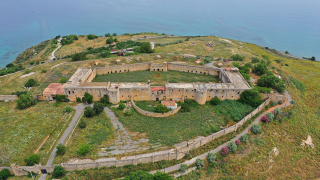 Aerial drone photo of famous Ottoman fortified old castle of Intzedin used as political prison, Chania, Crete island, Greece