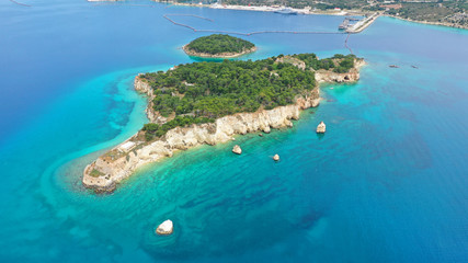Aerial drone photo of famous Venetian fortified islet of Souda featuring small chapel of Agios...
