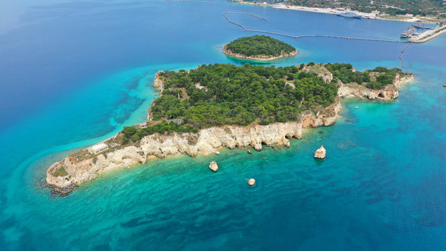 Aerial drone photo of famous Venetian fortified islet of Souda featuring small chapel of Agios Nikolaos, Chania, Crete island, Greece