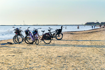 Fototapeta premium Bicycles on the beach in the summer at sunset. Leisure.