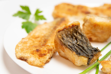 Tasty food, nutrition, kitchen and culinary concept: closeup pieces of fried, baked, golden and tasty fish on a white plate.