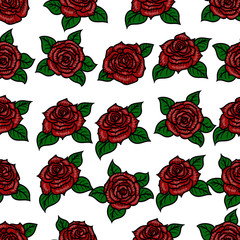 Obraz premium Vector hand drawn colorful seamless pattern of roses in the engraving style on white background.