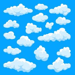 White clouds set. Abstract  blue summer sky. Simple cartoon cloud. Vector illustration.