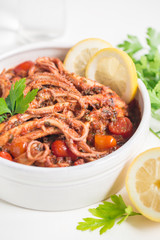 Italian musky octopus stew - Moscardini in umido, in wine and tomatoes.