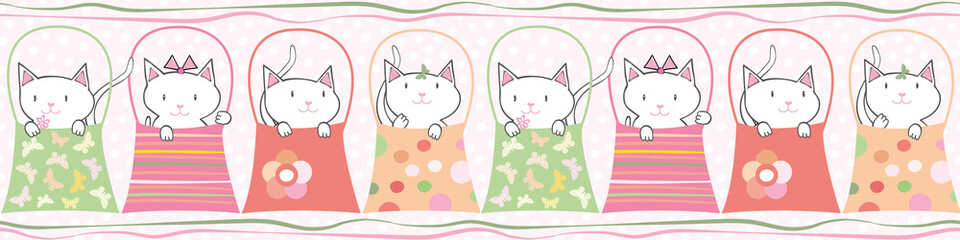 Cute hand drawn cats in handbags in pastel geometric seamless vector border With subtle polka dot background and horizontal ribbons. Great for children, birthdays, party, invitations, edging, labels