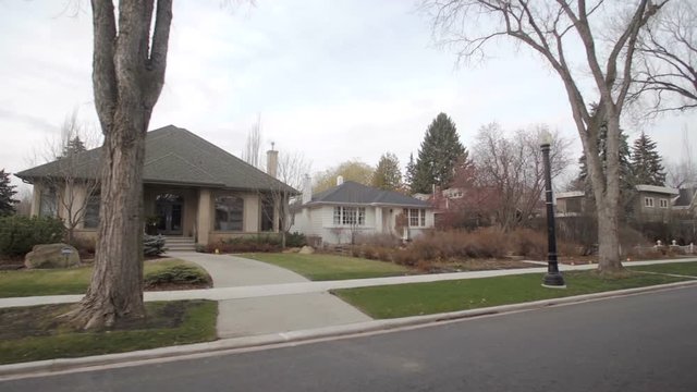 View down a street of an established neighbourhood with houses and large trees; Edmonton, Alberta, Canada