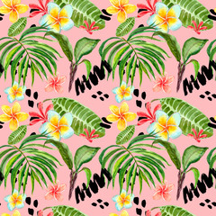 Fototapeta na wymiar Watercolor tropical leaves seamless pattern. Hand painted palm leaf, exotic plumeria flowers and green foliage on bright pink background. Summer print.