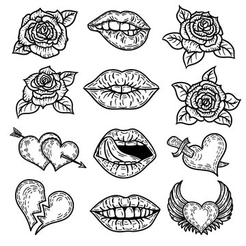 Vector hand drawn set of pop art hearts and lips.Brocken heart, two hearts with arrow, heart with wings and heart punctured by sword, lips and mouth and roses.