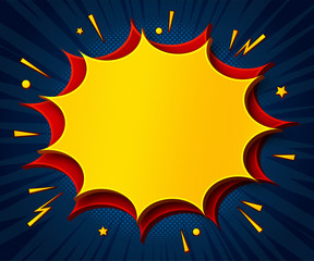Comics background. Cartoon poster in pop art style with yellow-red speech bubbles with halftone and sound effects. Funny colorful banner with place for text on blue backdrop with radial stripes