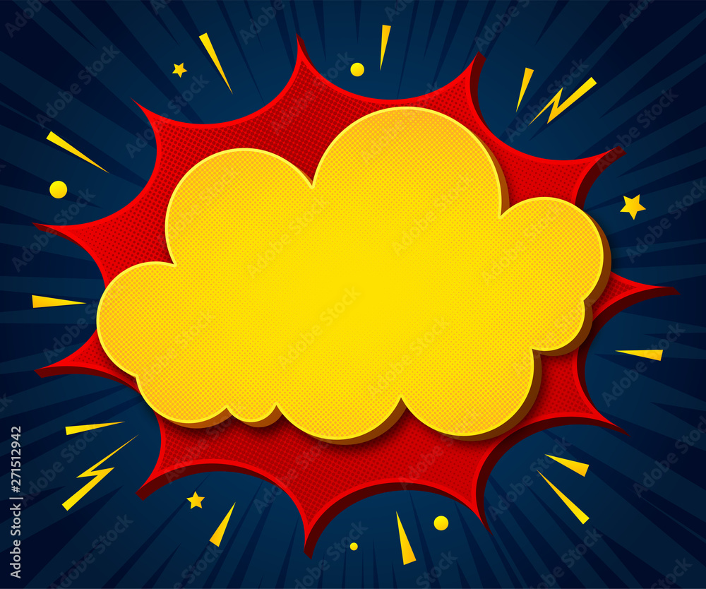 Wall mural Comics background. Cartoon poster in pop art style with yellow-red speech bubbles with halftone and sound effects. Funny colorful banner with place for text on dark blue backdrop with radial stripes