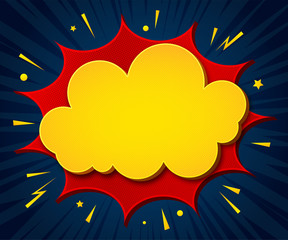Comics background. Cartoon poster in pop art style with yellow-red speech bubbles with halftone and sound effects. Funny colorful banner with place for text on dark blue backdrop with radial stripes