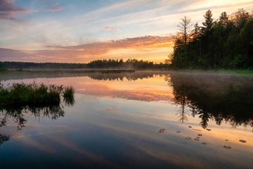 Fototapeta na wymiar Morning sunrise on a swamp on Fish House Road in Gallway New York, Adirondacks