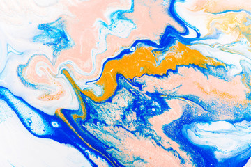 Fluid art painting abstract texture, blue, white, pink and yellow. Color mix