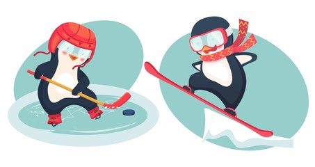 penguin hockey player and penguin snowboarder