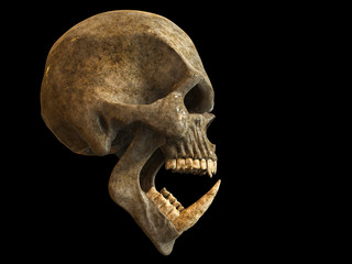 Screaming demon orc skull with huge lower teeth - side view