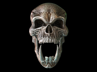 Rusted metal screaming demon skull with big sharp lower tusks
