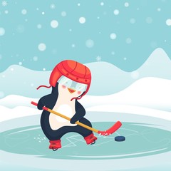 penguin play ice hockey in the winter