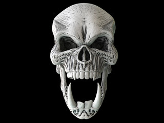 White angry demon skull with big and sharp lower teeth