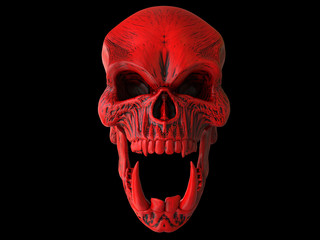 Red angry demon skull with big and sharp lower teeth