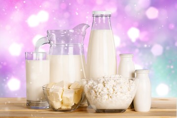Glass of milk  and Dairy products on  background