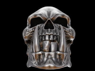 Demon orc skull with big sharp tusks - closeup low angle shot