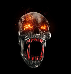 Screaming angry demon skull with flaming eyes and red teeth © Dimitrius