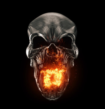 Angry dark metal demon skull breathing fire